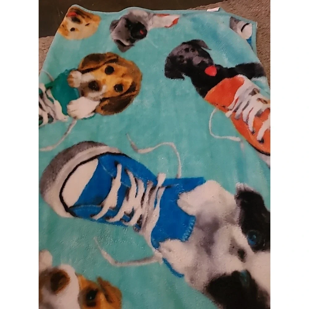 Keith Kimberlin Puppies In Shoes Print Plush Throw Blanket 48x54 Soft Fleece